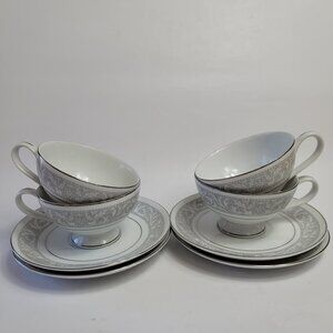 FOUR Imperial China Whitney Cup & Saucers White Gray Band Leaf Scrolls W. Dalton